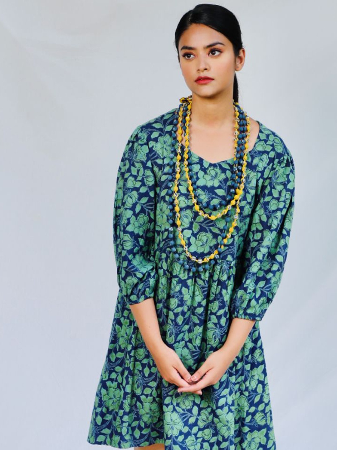 

Shuddhi Women Blue & Green Printed Cotton Fit & Flare Ethnic Dresses