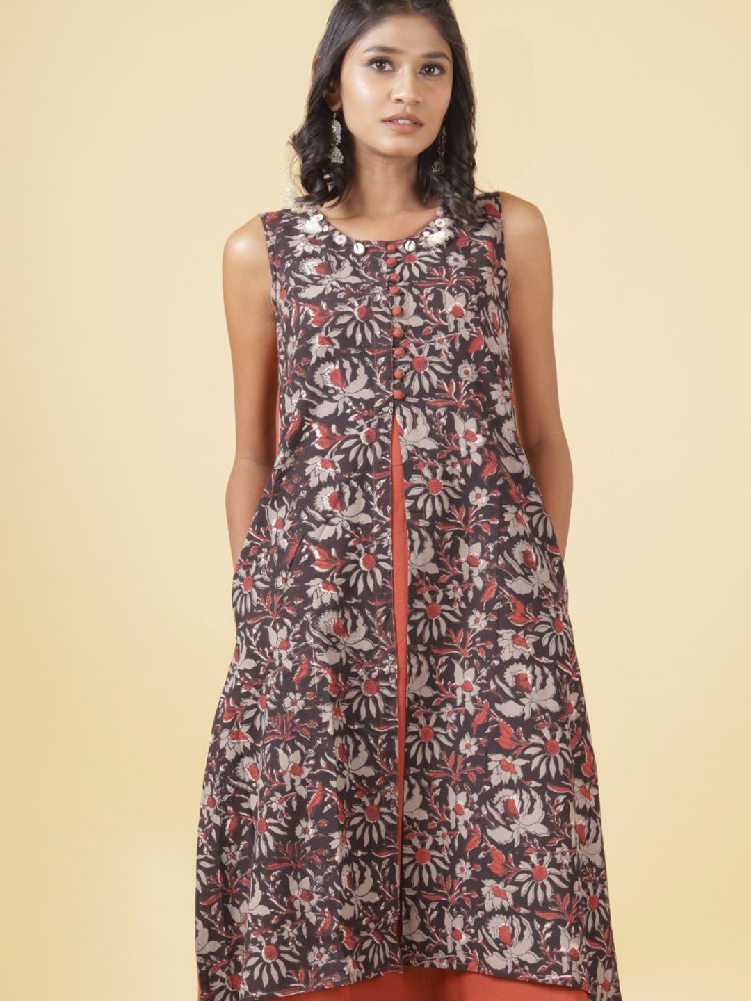 

Shuddhi Women Orange & Grey Printed Cotton Maxi Ethnic Dresses