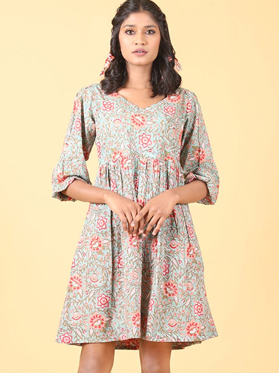 

Shuddhi Women Green & Peach Printed Cotton Ethnic Dresses