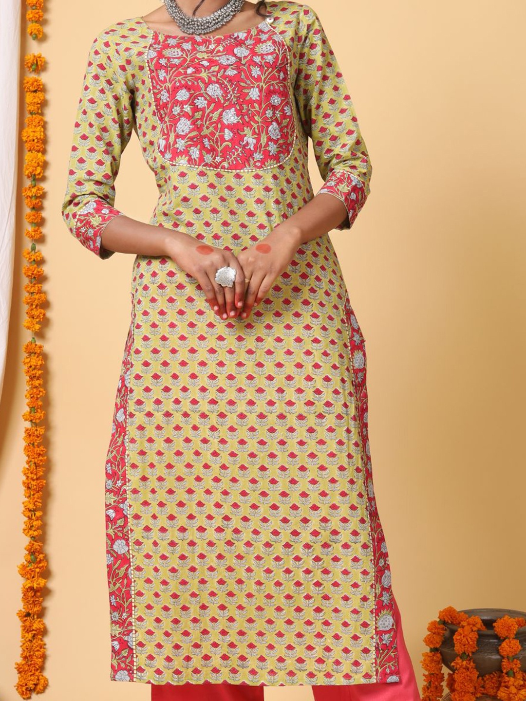 

Shuddhi Women Yellow & Red Cotton Floral Printed Kurta