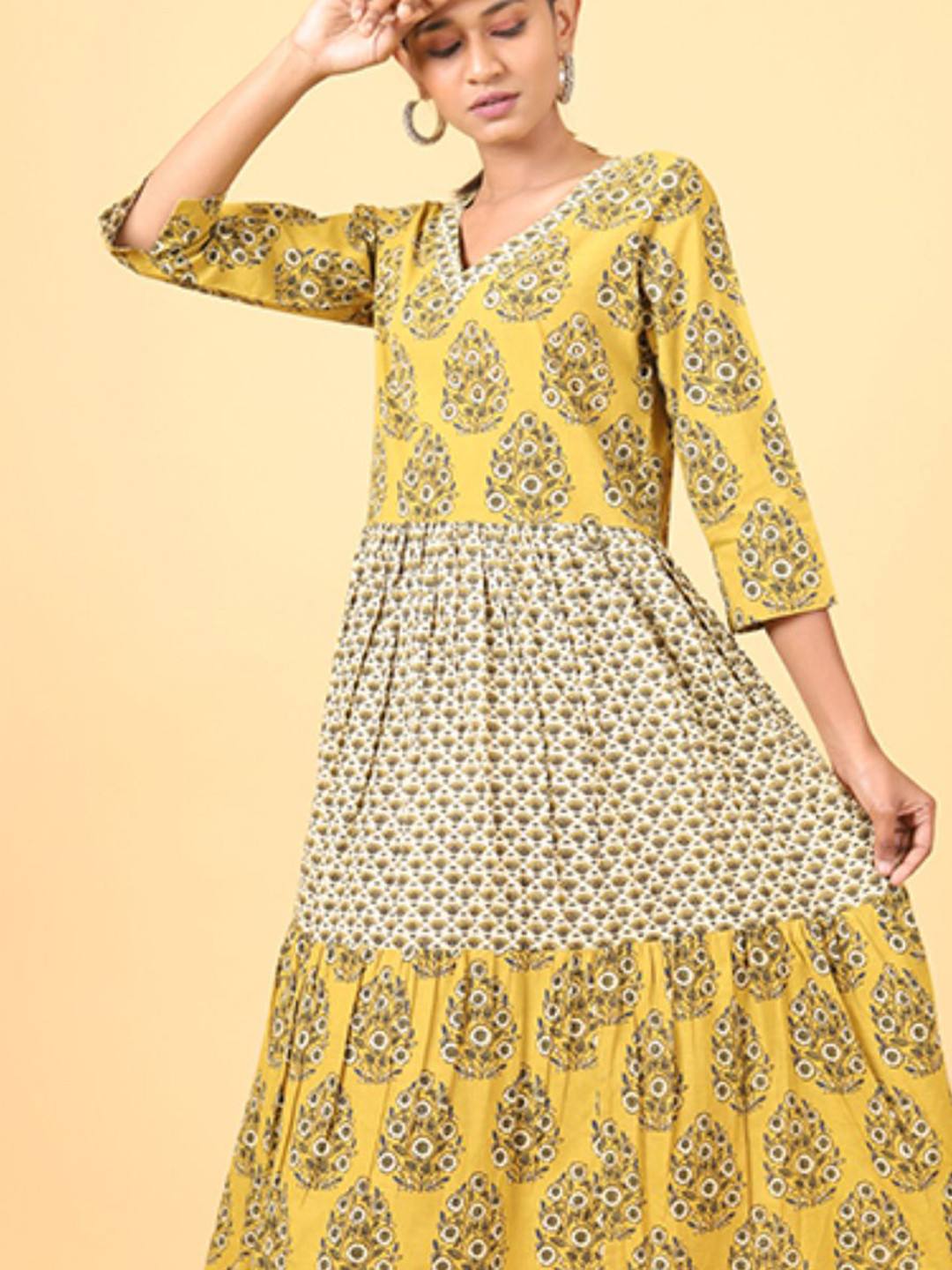 

Shuddhi Women Mustard & Green Printed Cotton Tier Dress