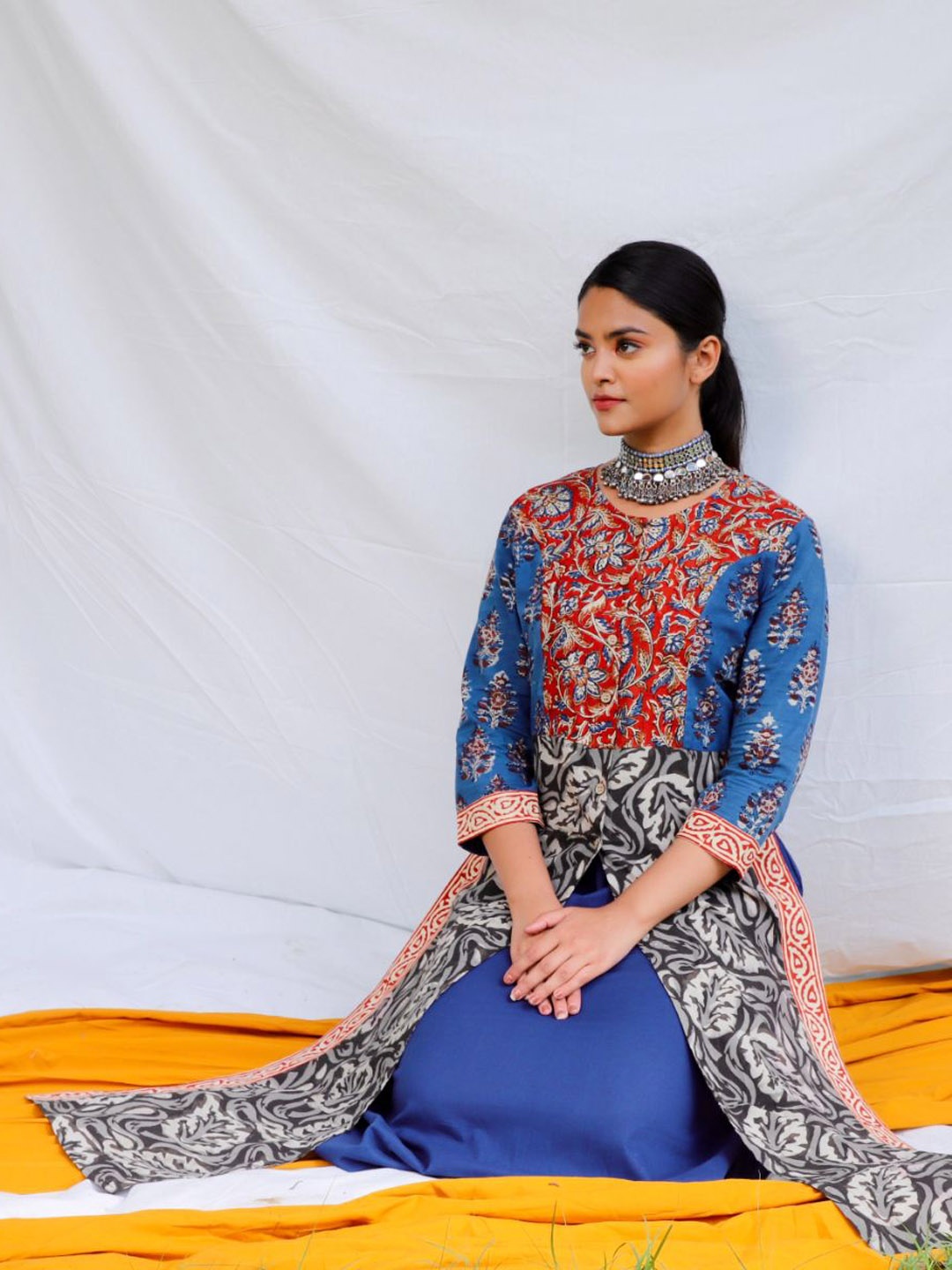 

Shuddhi Women Blur & Red Kalamkari Printed Double Dress, Blue