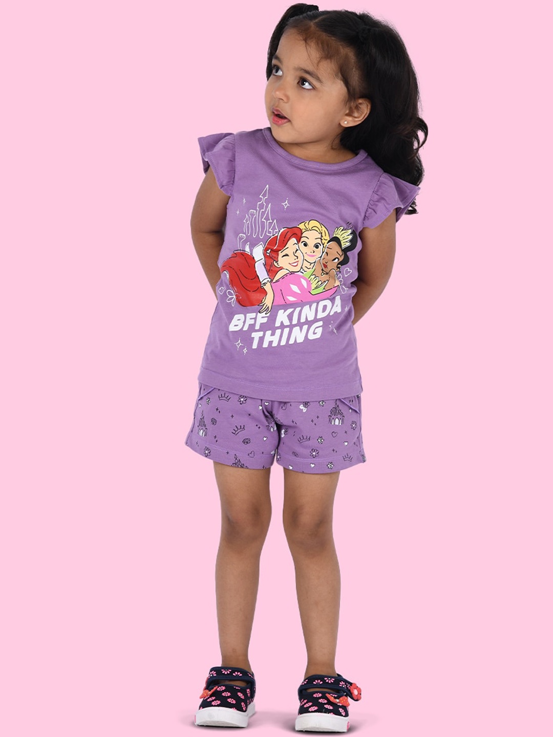 

Zalio Girls Purple & White Printed T-shirt with Shorts