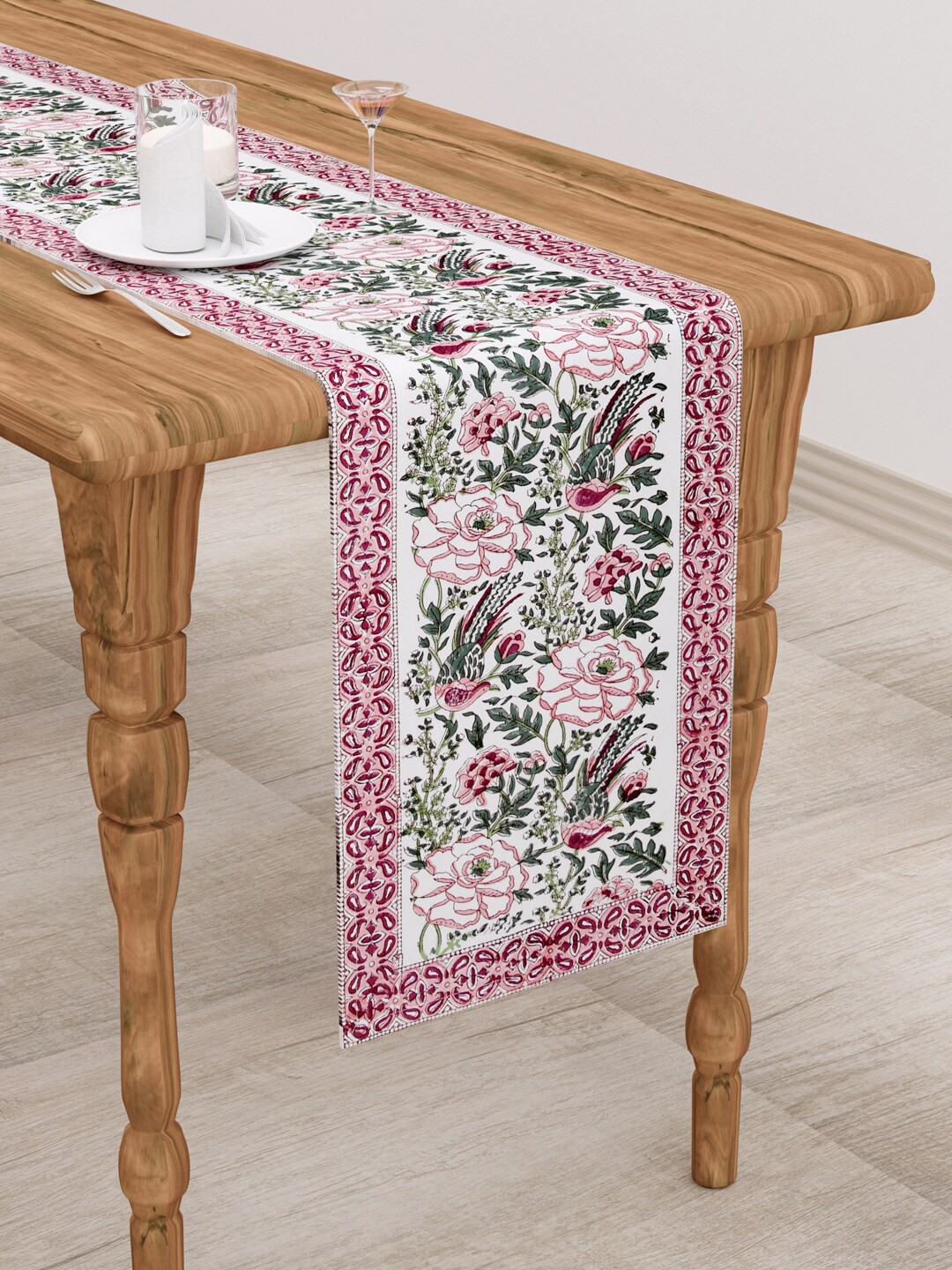 

Gulaab Jaipur White & Pink Handblock Printed 6-Seater Table Runner