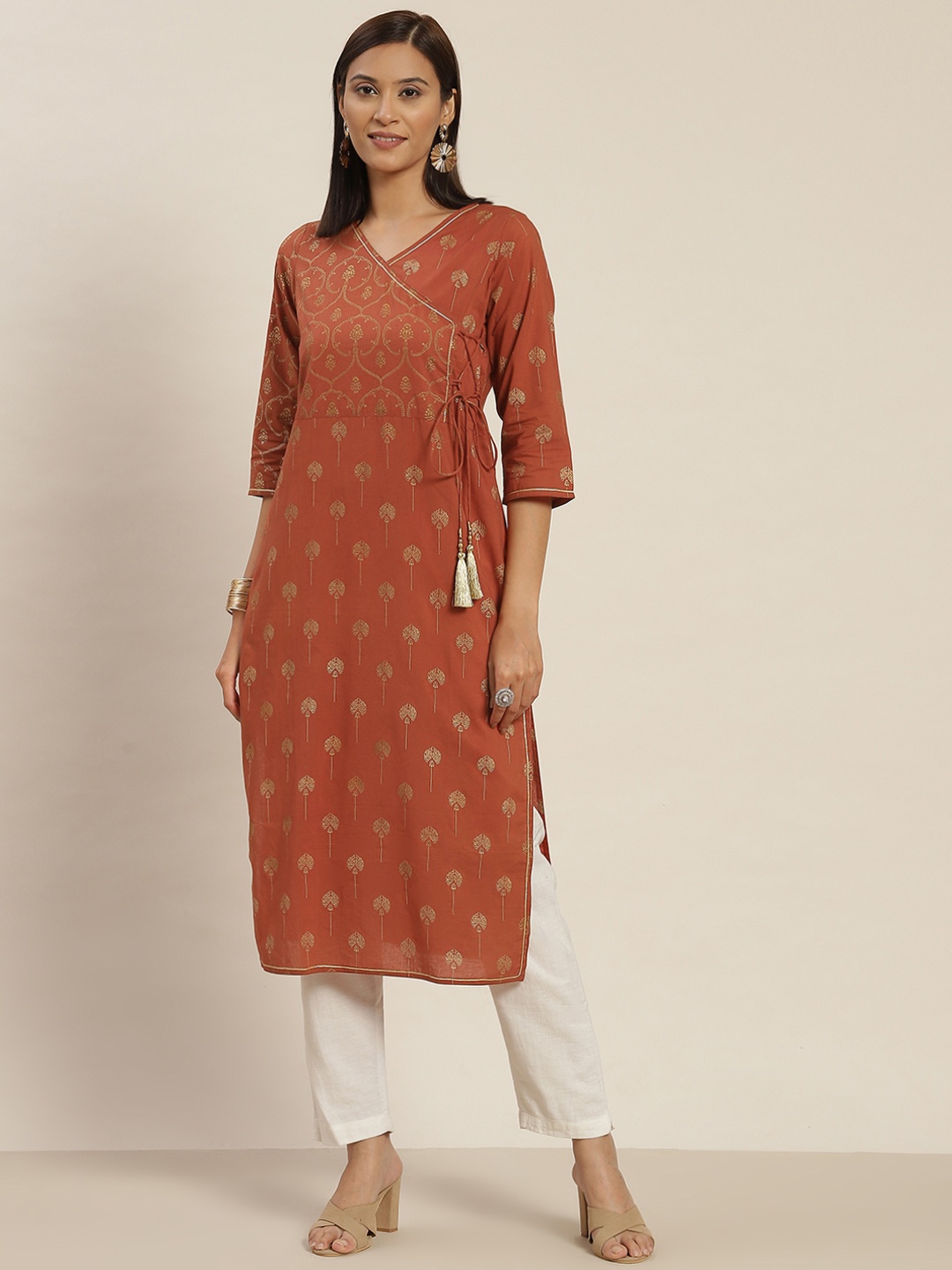 

Jaipur Kurti Women Rust Orange & Golden Ethnic Motifs Printed Angarakha Kurta
