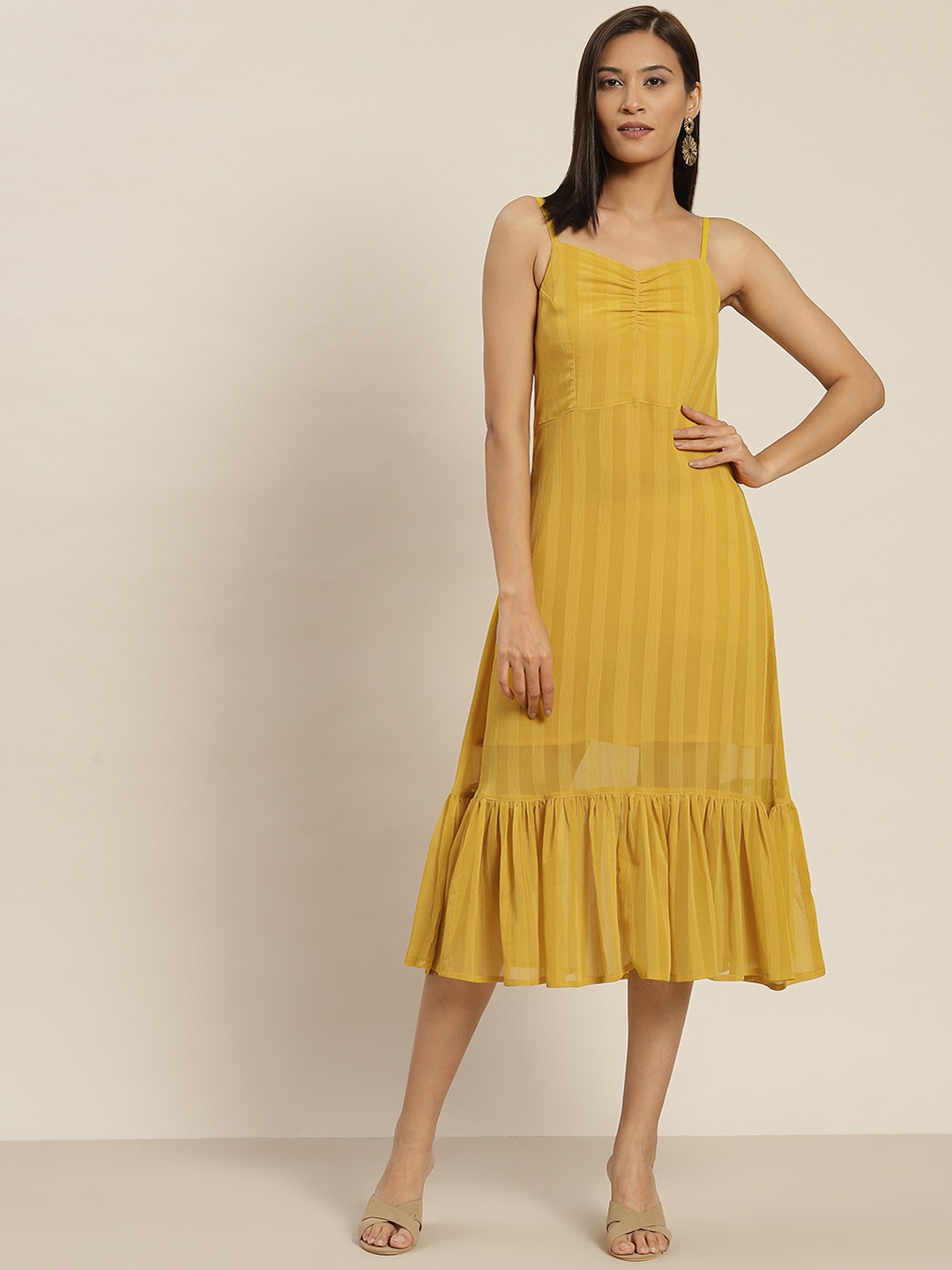 

Jaipur Kurti Mustard Yellow Striped Chiffon A-Line Midi Dress