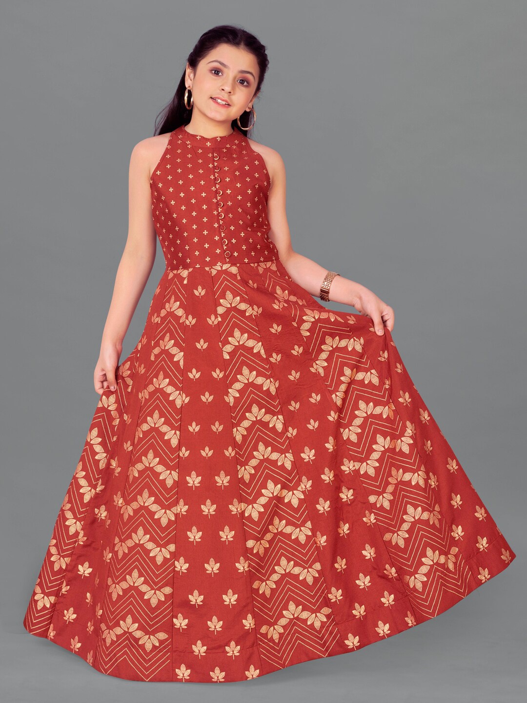 

FASHION DREAM Rust & Gold-Toned Ethnic Motifs Ethnic Empire Maxi Dress