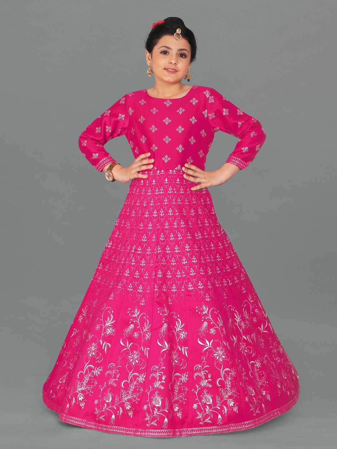 

FASHION DREAM Girls Pink Taffeta Foil Printed Maxi Dress