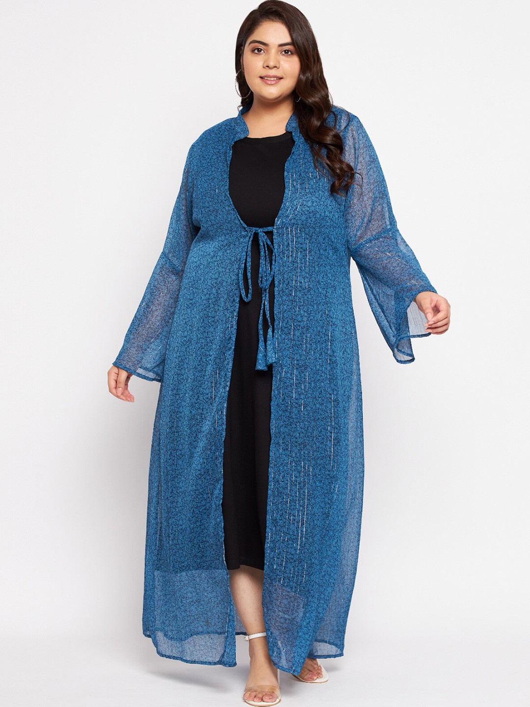 

wild U Plus Size Women Blue Printed Longline Sheer Tie-Up Shrug