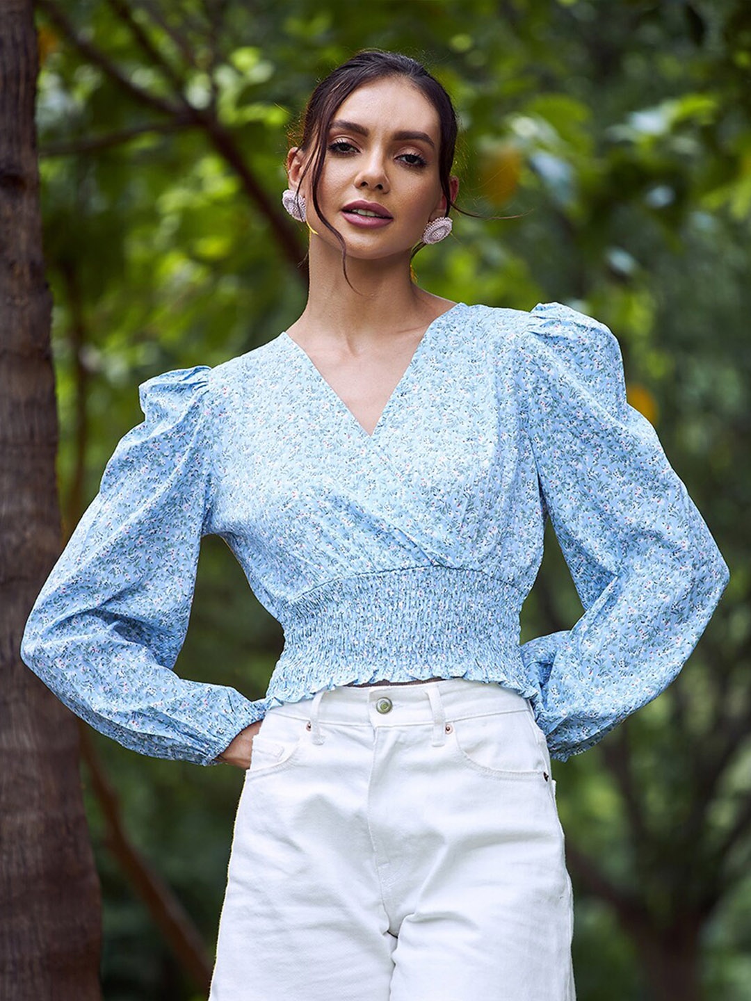 

Athena Blue Printed V-Neck Smocked Wrap Crop Top