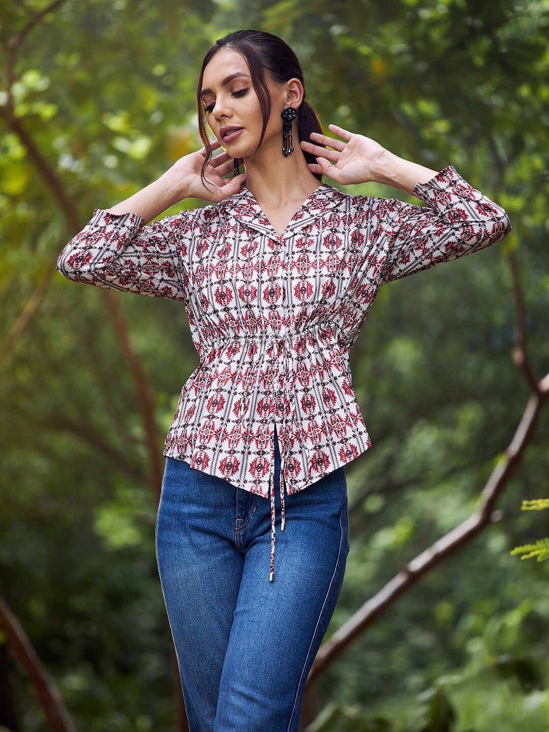 

Athena White Print Cinched Waist Top