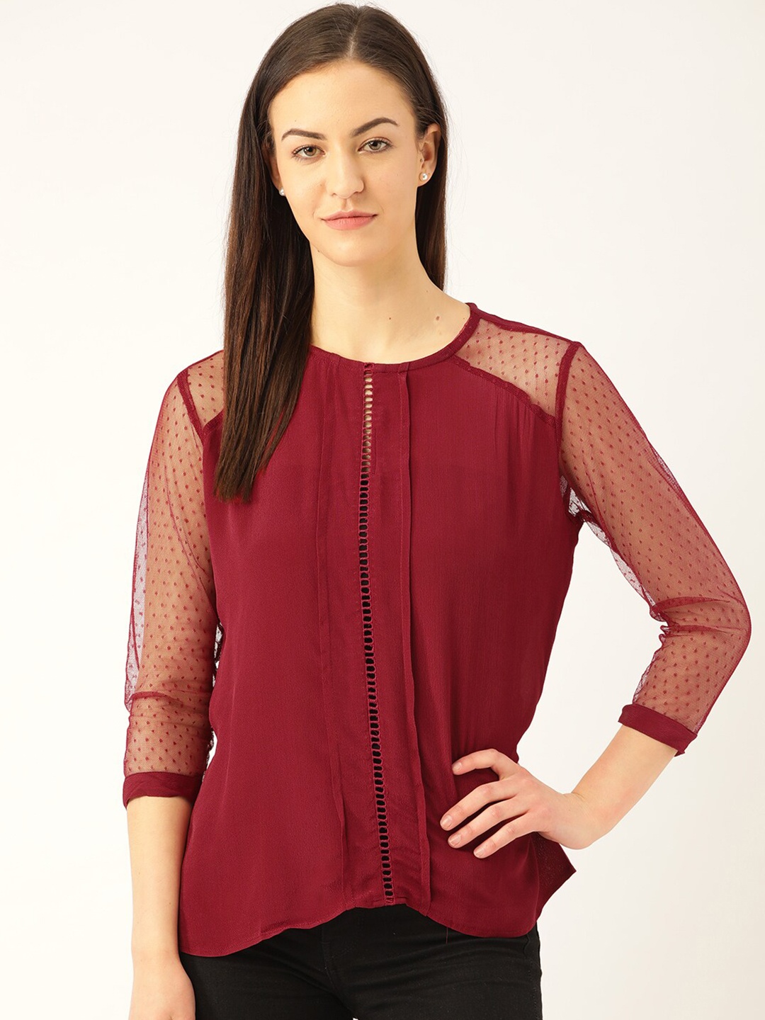 

Marc Loire Maroon Three-Quarter Sleeves Top