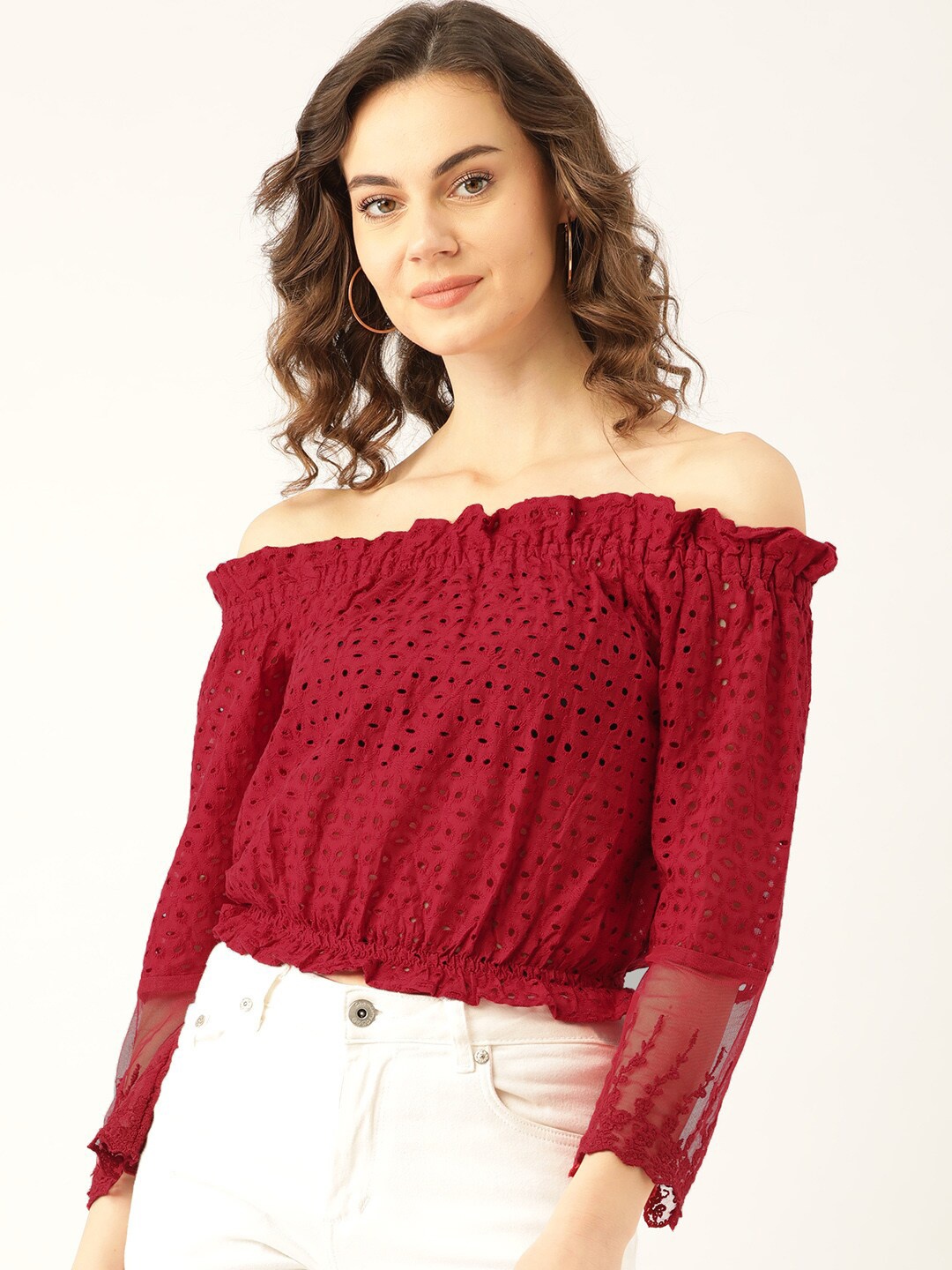 

Marc Loire Maroon Off-Shoulder Ruffles Bardot Crop Top