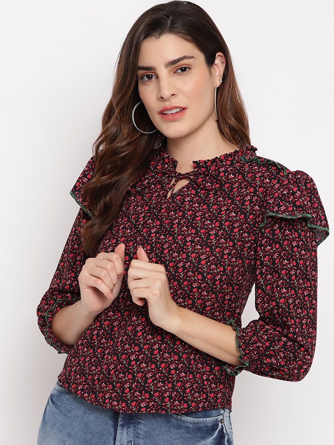 

Marc Loire Maroon Floral Print Tie-Up Neck Top