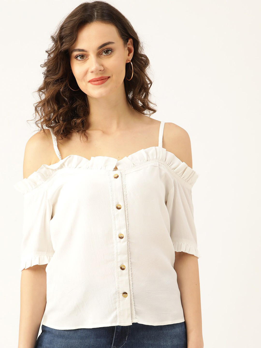 

Marc Loire White Ruffles Bardot Top