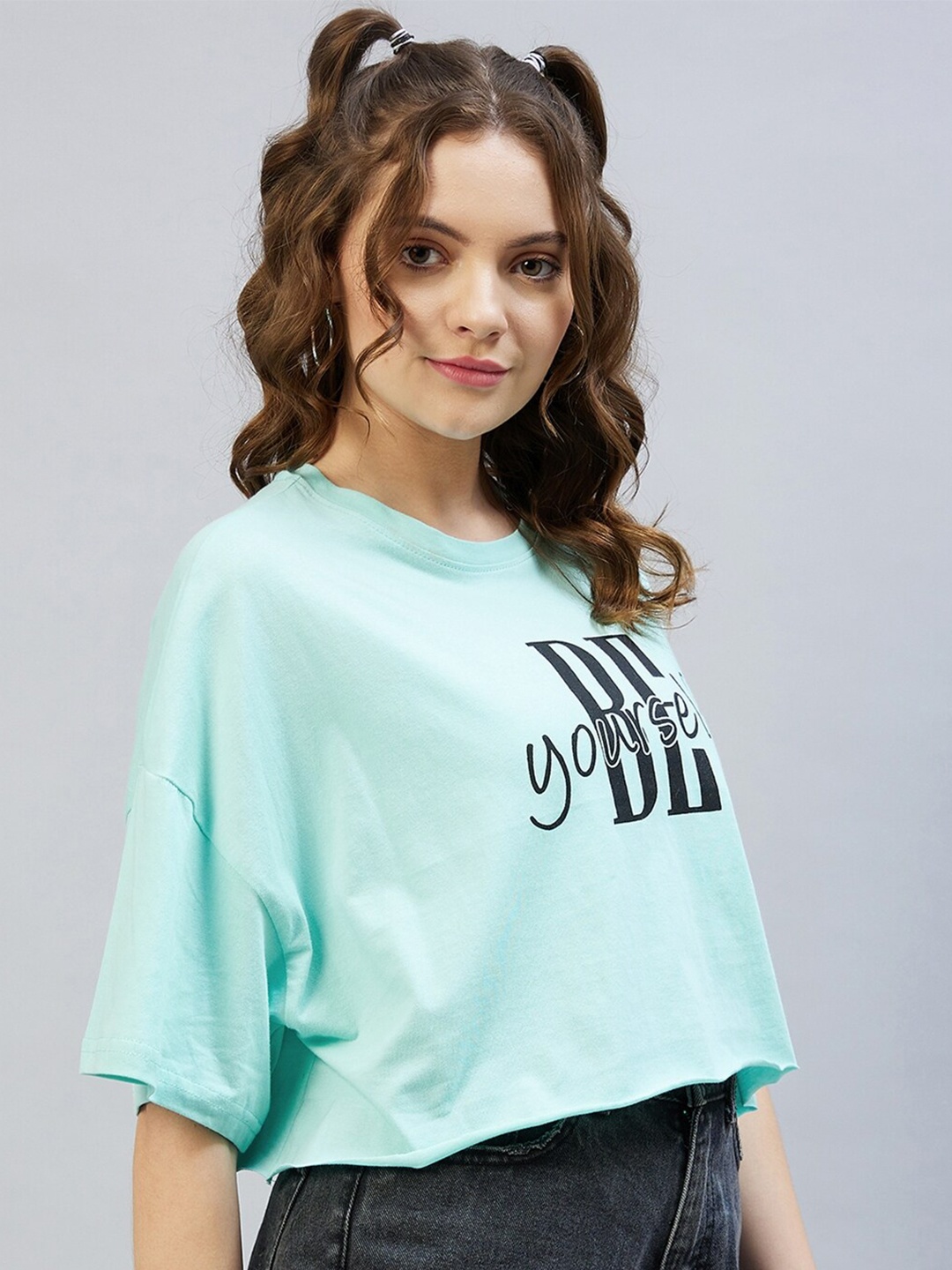 

CHIMPAAANZEE Women Blue Typography Printed Drop-Shoulder Sleeves Loose T-shirt