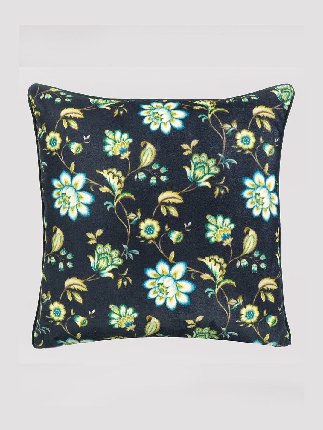 

OUSSUM Black & Green Floral Printed Velvet Square Cushion Covers