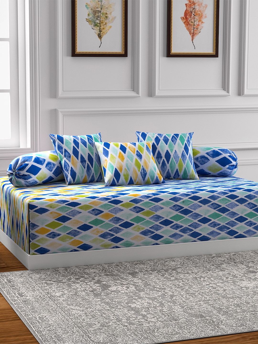 

SWAYAM Blue Printed Diwan Set with Bolster & Cushion Covers