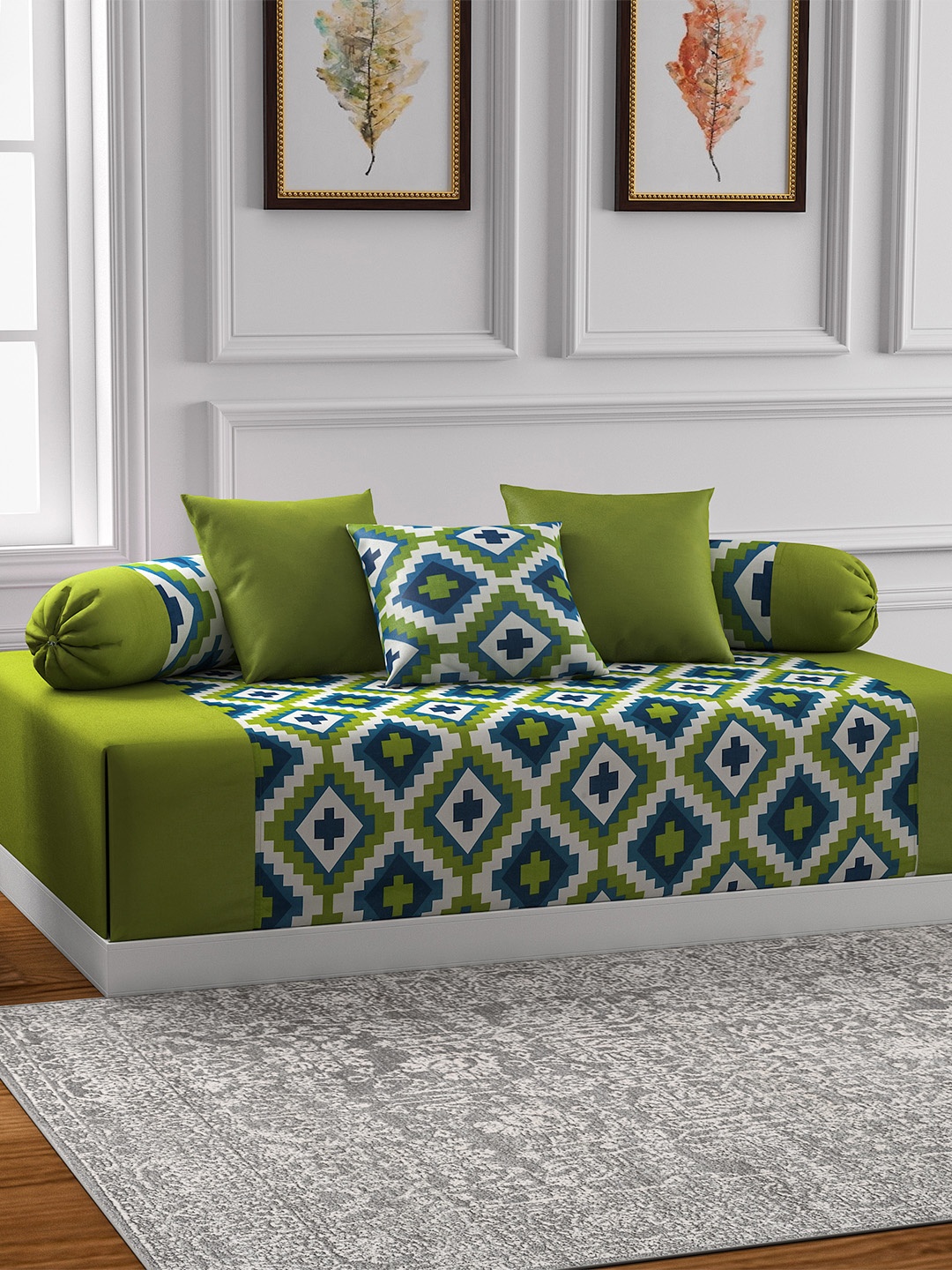 

SWAYAM Green Printed Diwan Set with Bolster & Cushion Covers