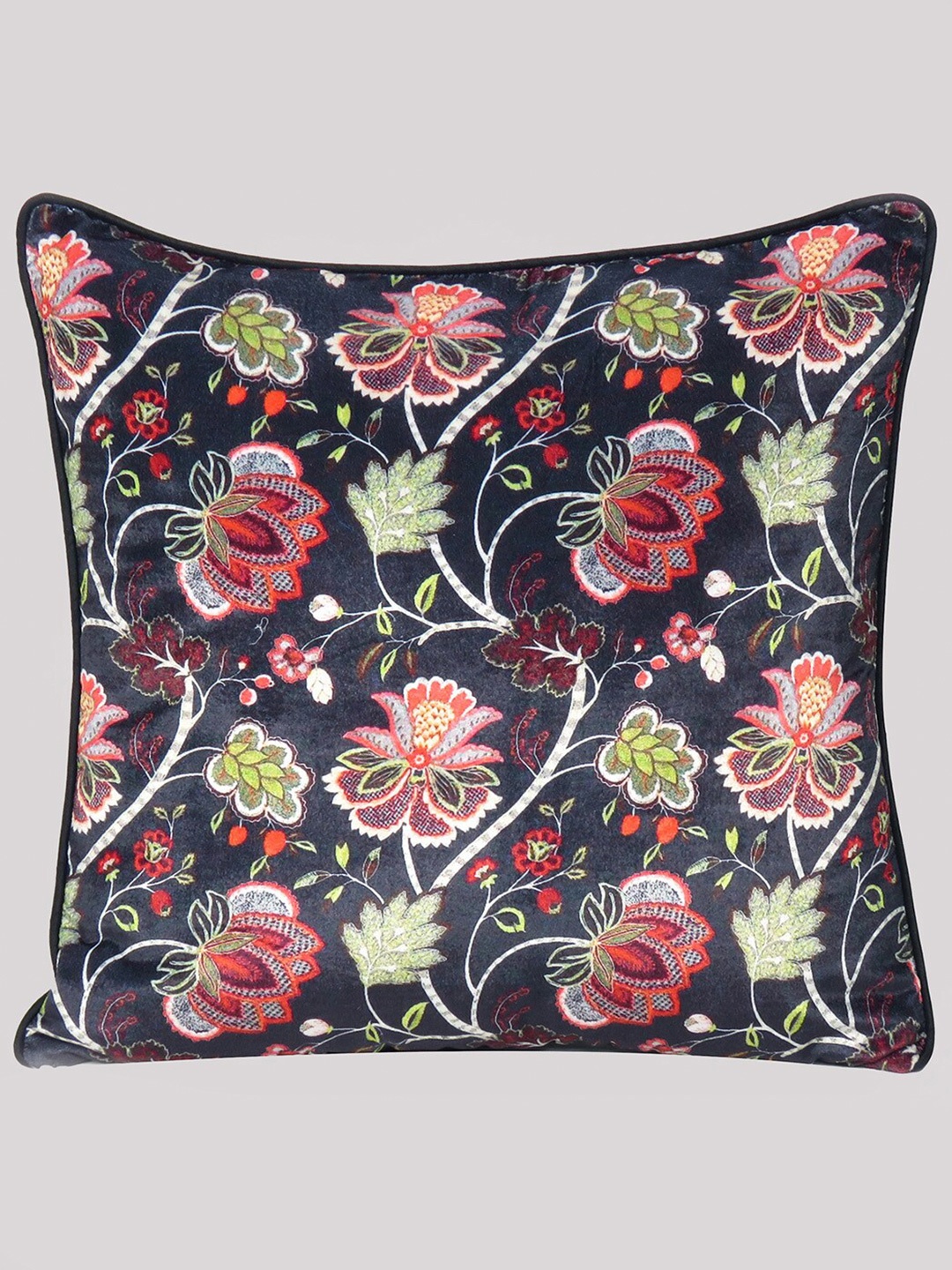 

OUSSUM Black Floral Print Velvet Square Cushion Cover