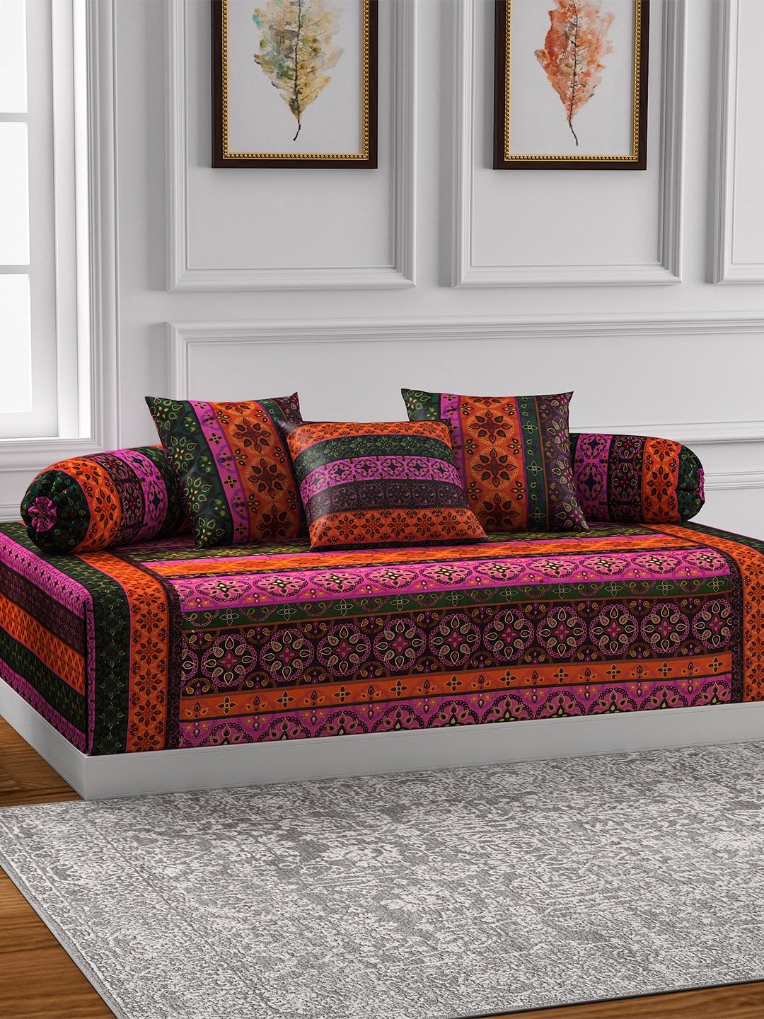 

SWAYAM Multicoloured Printed Diwan Set with Bolster & Cushion Covers, Multi