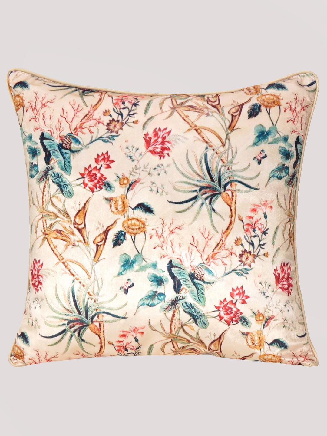 

OUSSUM Beige & Pink Floral Velvet Square Cushion Cover