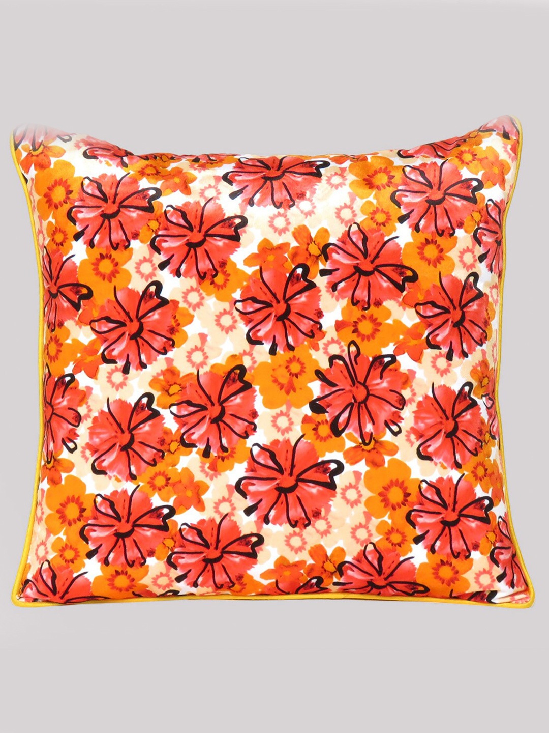 

OUSSUM Yellow Floral Print Velvet Square Cushion Cover