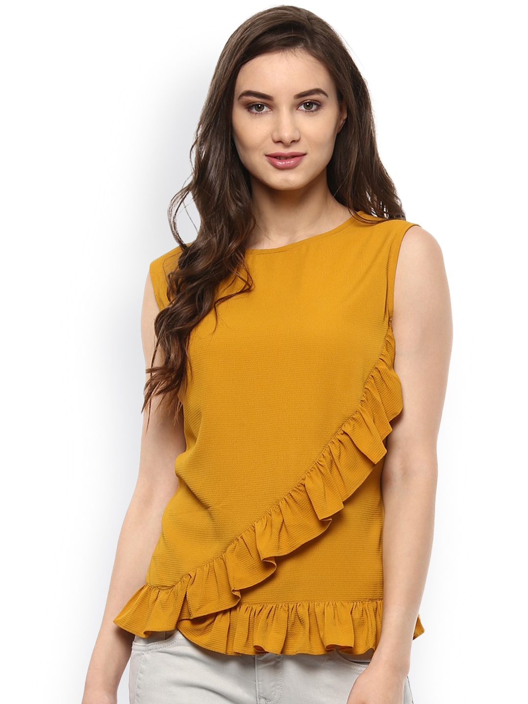 

Zima Leto Women Mustard Yellow Ruffled Solid Top