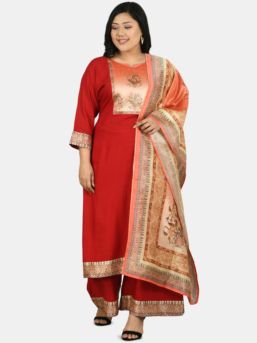 

PrettyPlus by Desinoor com Women Plus Size Digital Printed Kurta Palazzo Set with Dupatta, Red