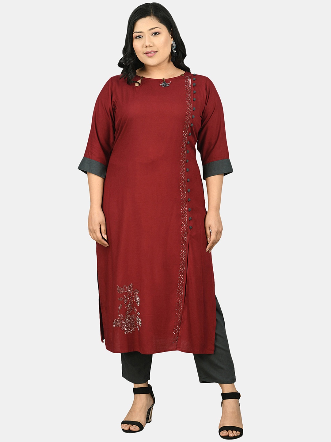 

PrettyPlus by Desinoor com Women Maroon Embroidered Kurta with Trousers