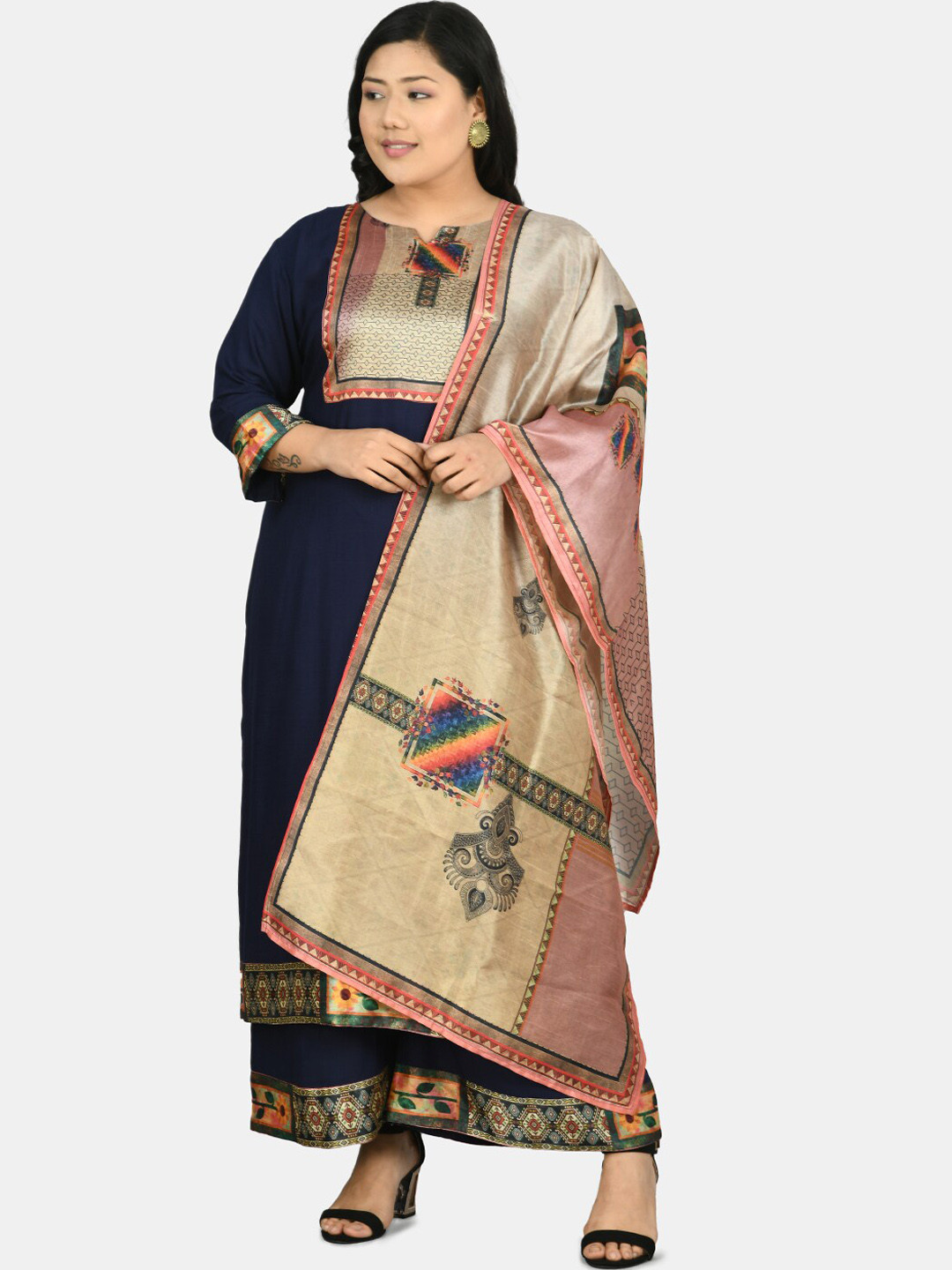 

PrettyPlus by Desinoor com Women Navy Blue Floral Embroidered Kurti with Palazzos & With Dupatta