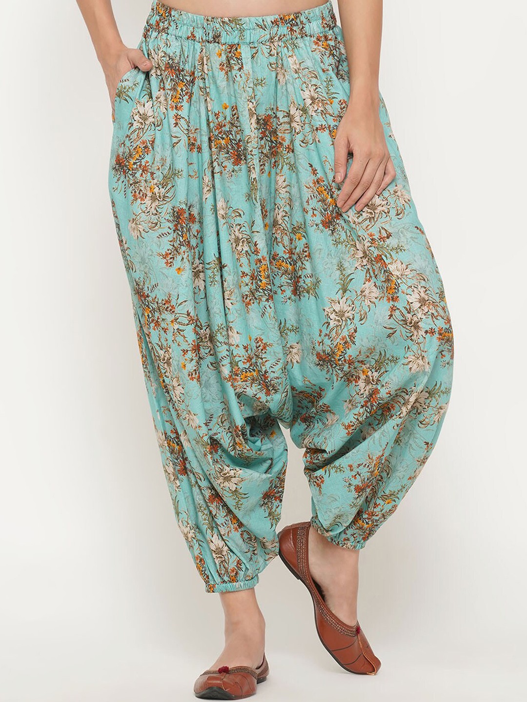 

FABNEST Women Green & Yellow Printed Cotton Harem Pants