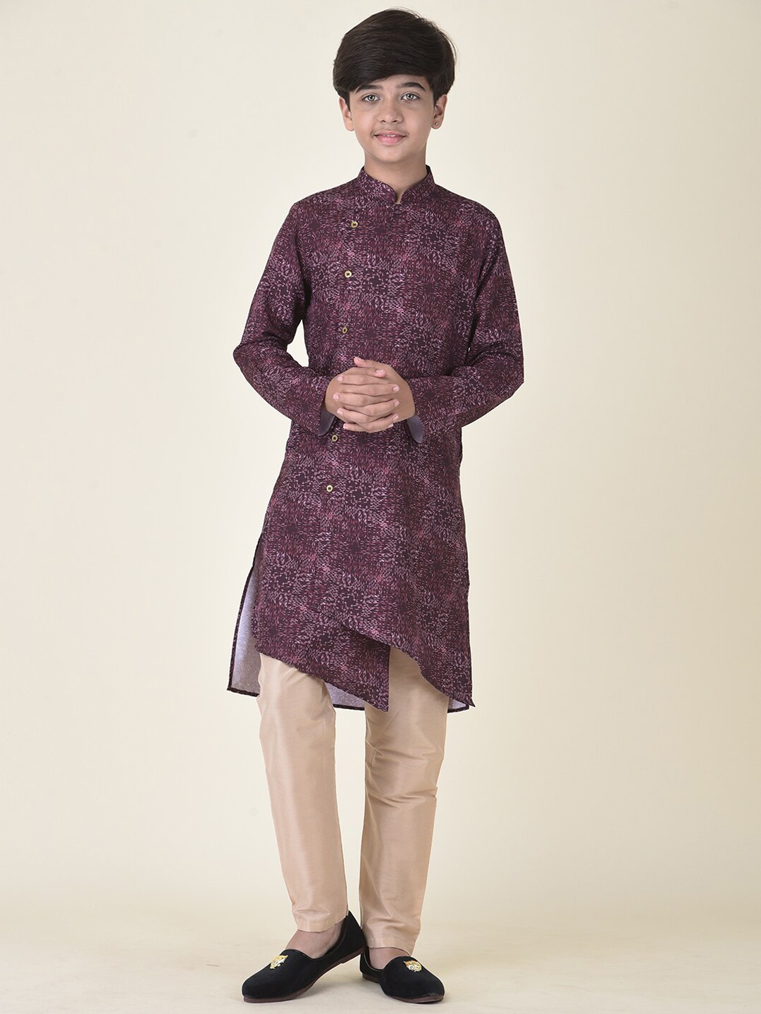 

TABARD Boys Purple Layered Pure Cotton Kurta with Churidar