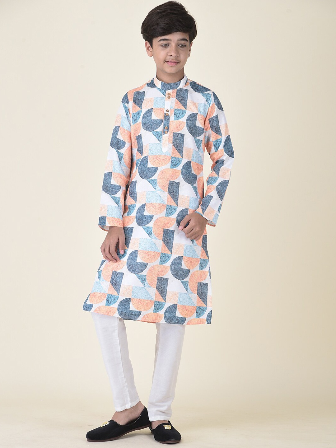 

TABARD Boys Peach-Coloured Printed Angrakha Pure Cotton Kurta with Pyjamas