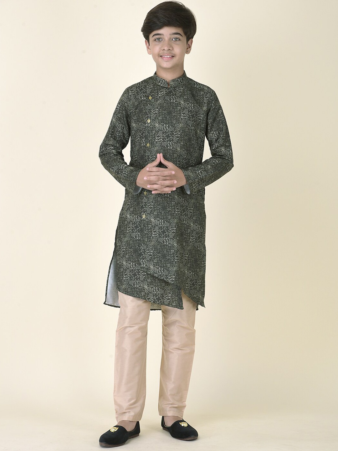 

TABARD Boys Green Ethnic Motifs Printed Panelled Pure Cotton Kurta Set