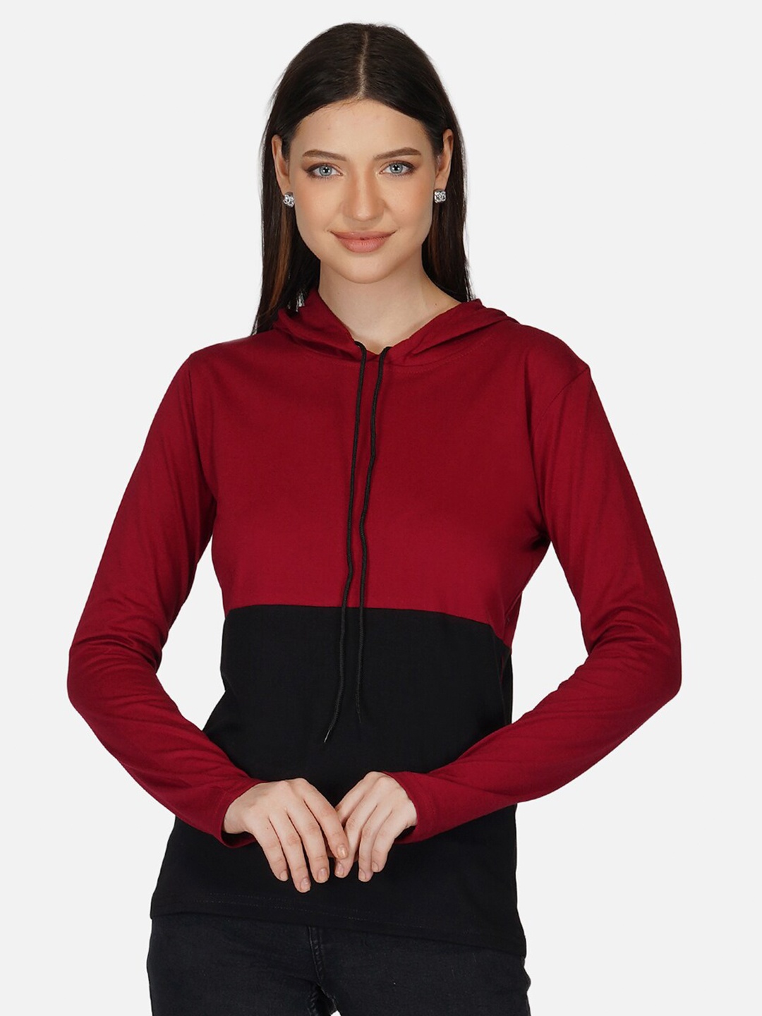

BASE 41 Women Maroon & Black Slim Fit Hodded T-shirt
