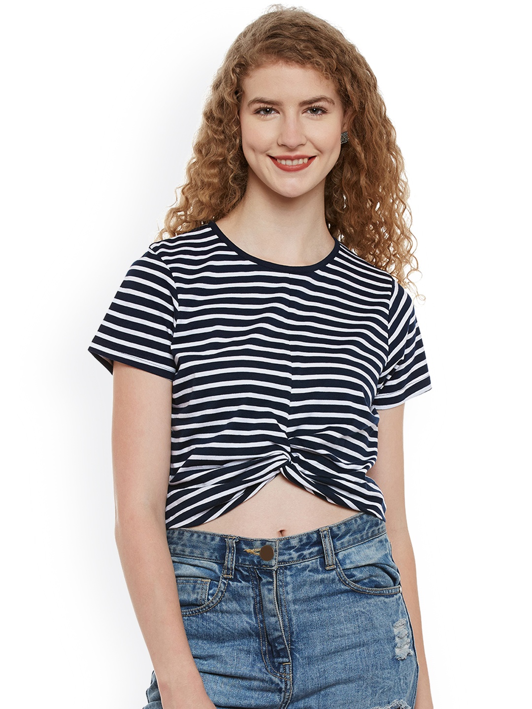 

Miss Chase Women Navy & White Striped Pure Cotton Top, Navy blue