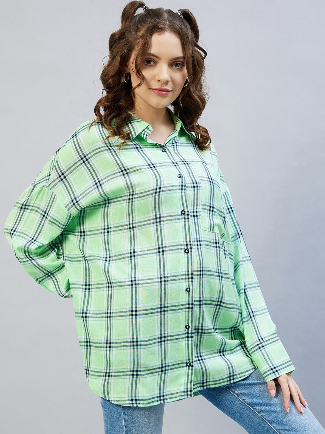 

CHIMPAAANZEE Women Green Oversized Tartan Checks Casual Shirt