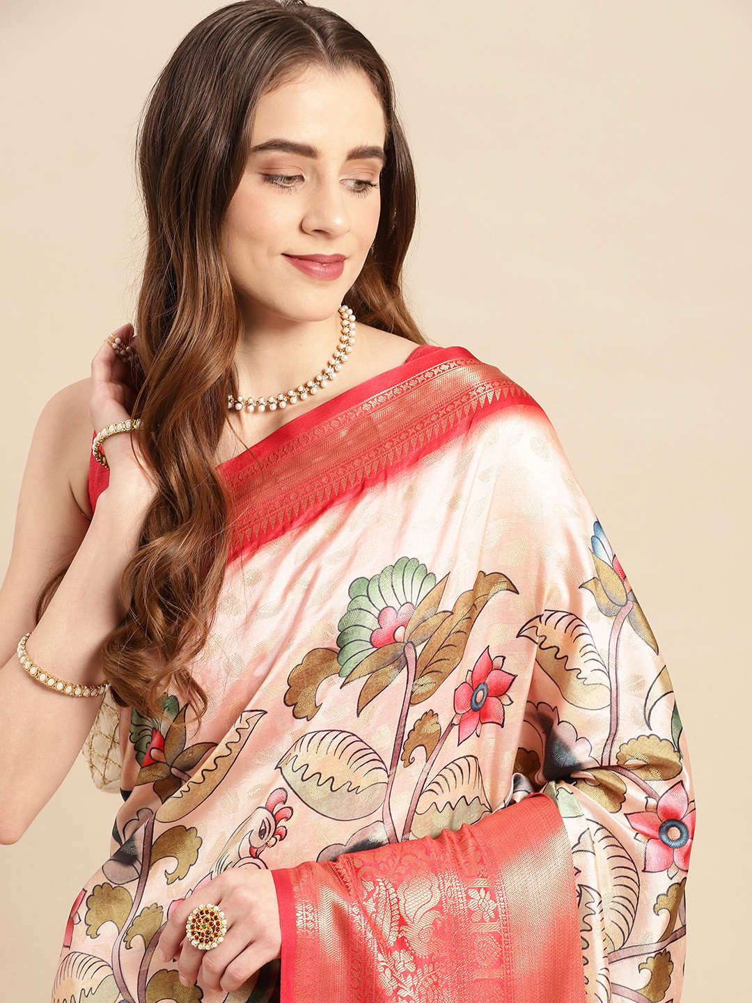 

VASTRANAND Kalamkari Block Print Zari Silk Blend Banarasi Saree, Red