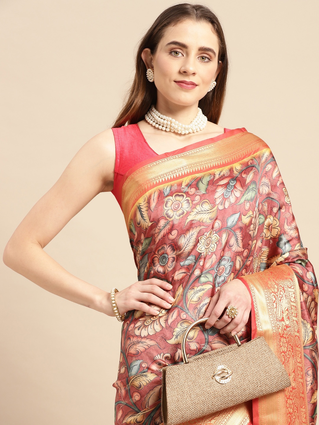 

VASTRANAND Kalamkari Block Print Zari Silk Blend Banarasi Saree, Maroon