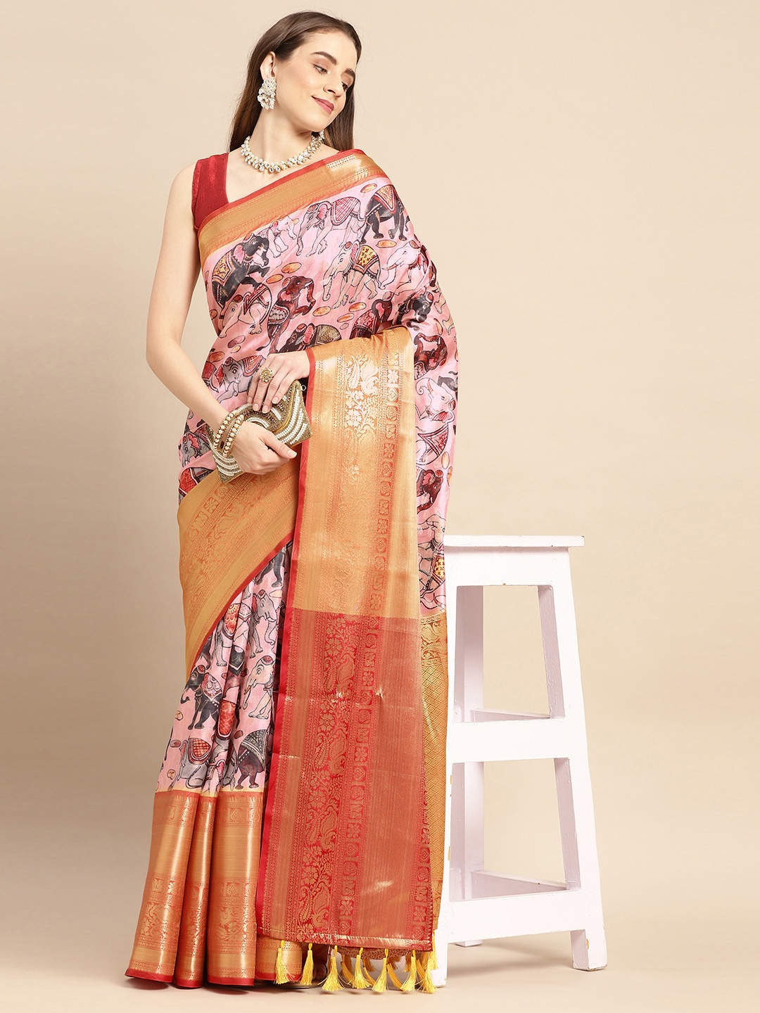 

VASTRANAND Kalamkari Zari Silk Blend Banarasi Saree, Pink