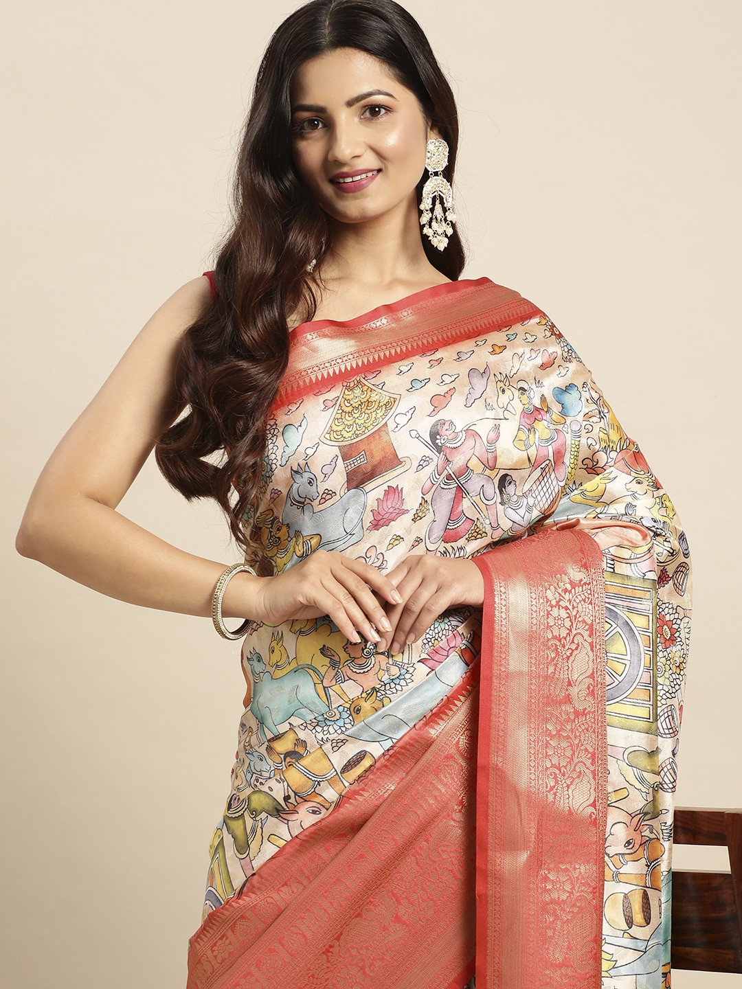 

VASTRANAND Kalamkari Block Print Zari Silk Blend Banarasi Saree, Pink