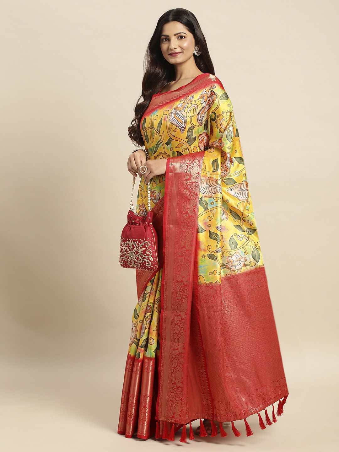 

VASTRANAND Kalamkari Zari Silk Blend Banarasi Saree, Yellow