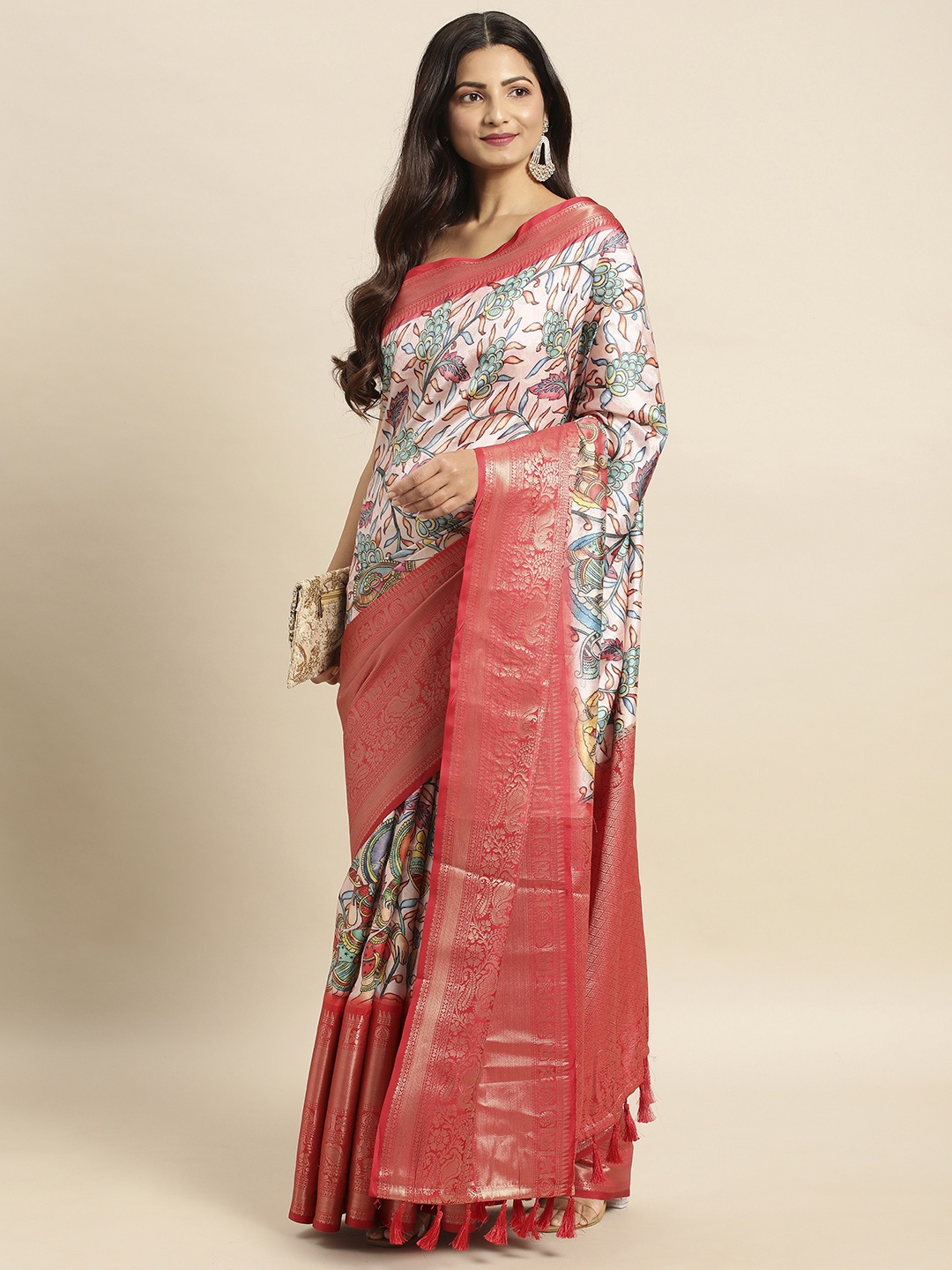 

VASTRANAND Kalamkari Zari Silk Blend Banarasi Saree, Red