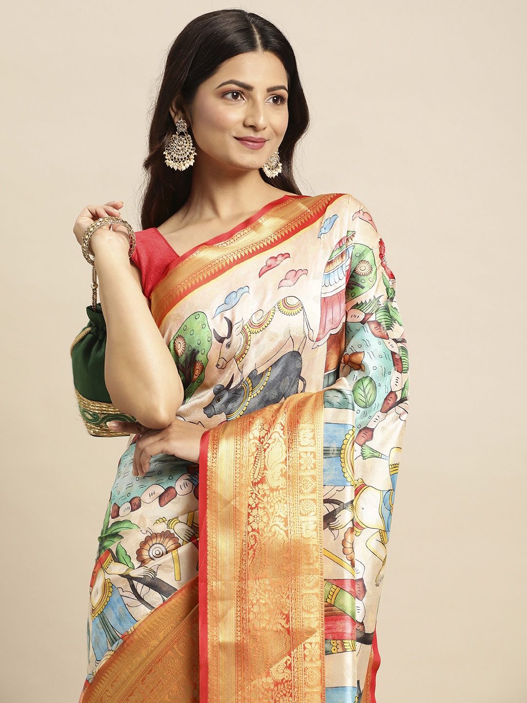 

VASTRANAND Kalamkari Block Print Zari Silk Blend Banarasi Saree, Cream