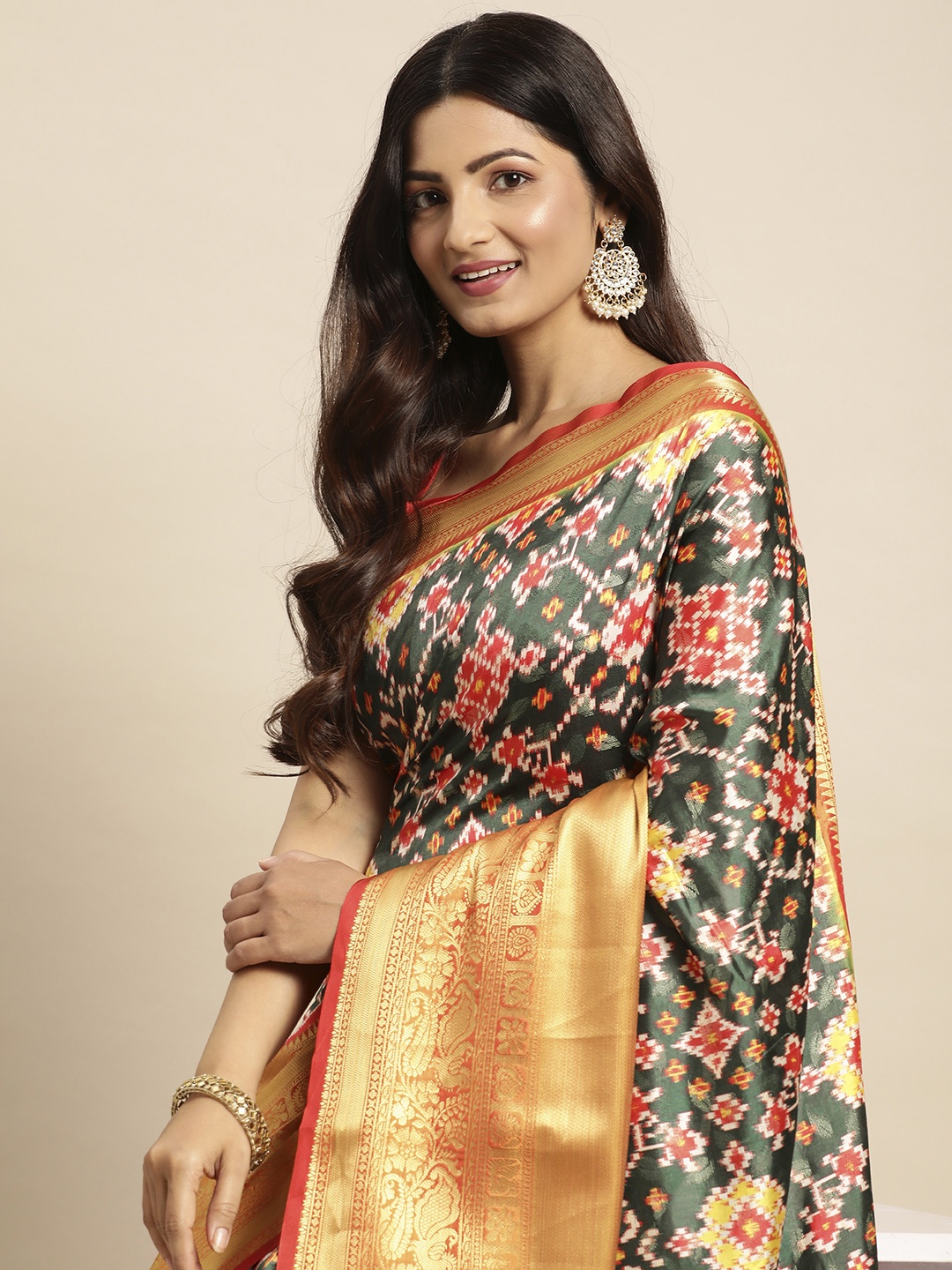 

VASTRANAND Kalamkari Block Print Zari Silk Blend Banarasi Saree, Black