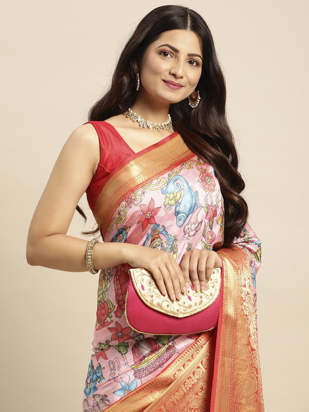 

VASTRANAND Kalamkari Block Print Zari Silk Blend Banarasi Saree, Pink