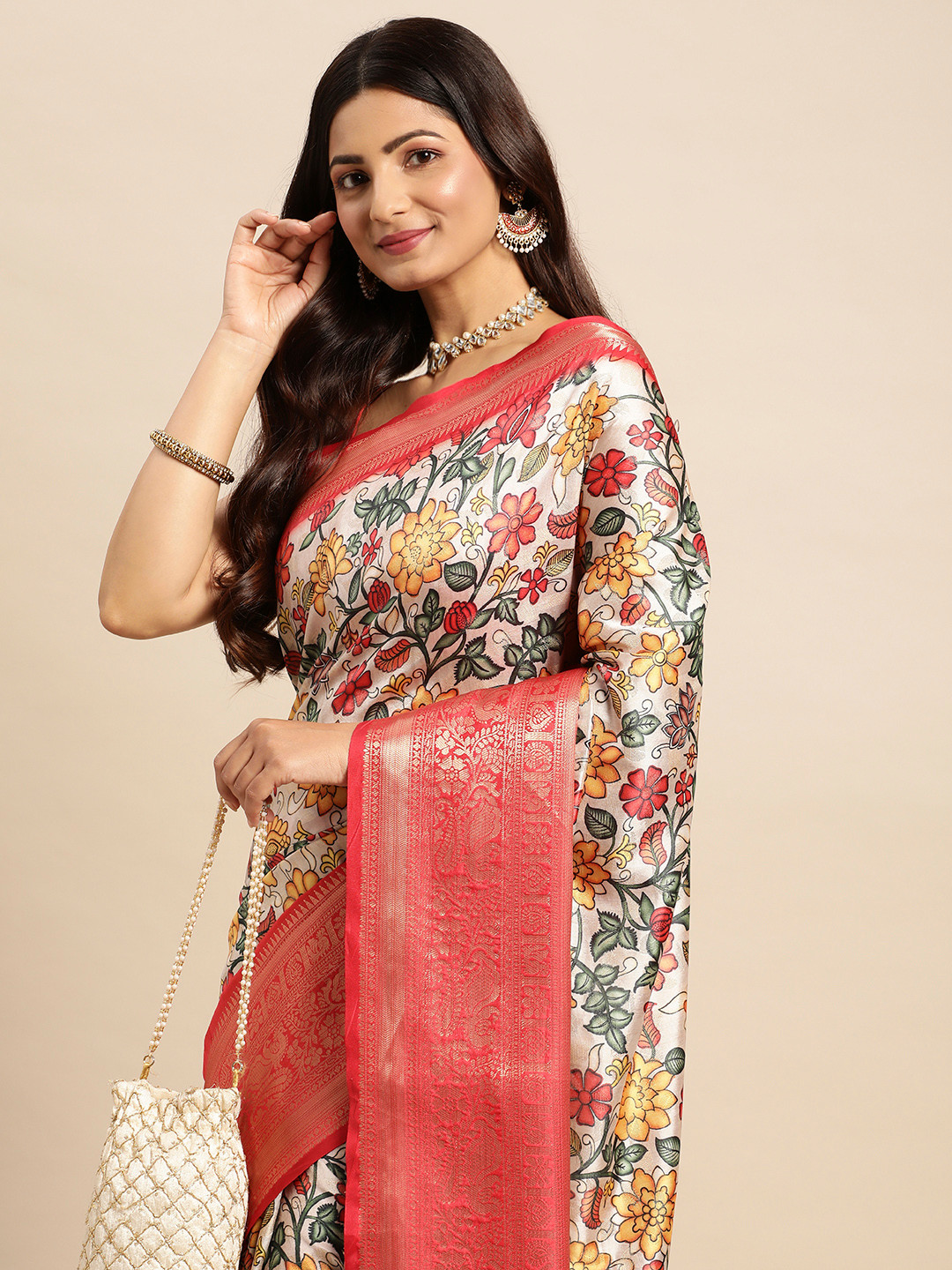 

VASTRANAND Kalamkari Block Print Zari Silk Blend Banarasi Saree, Off white