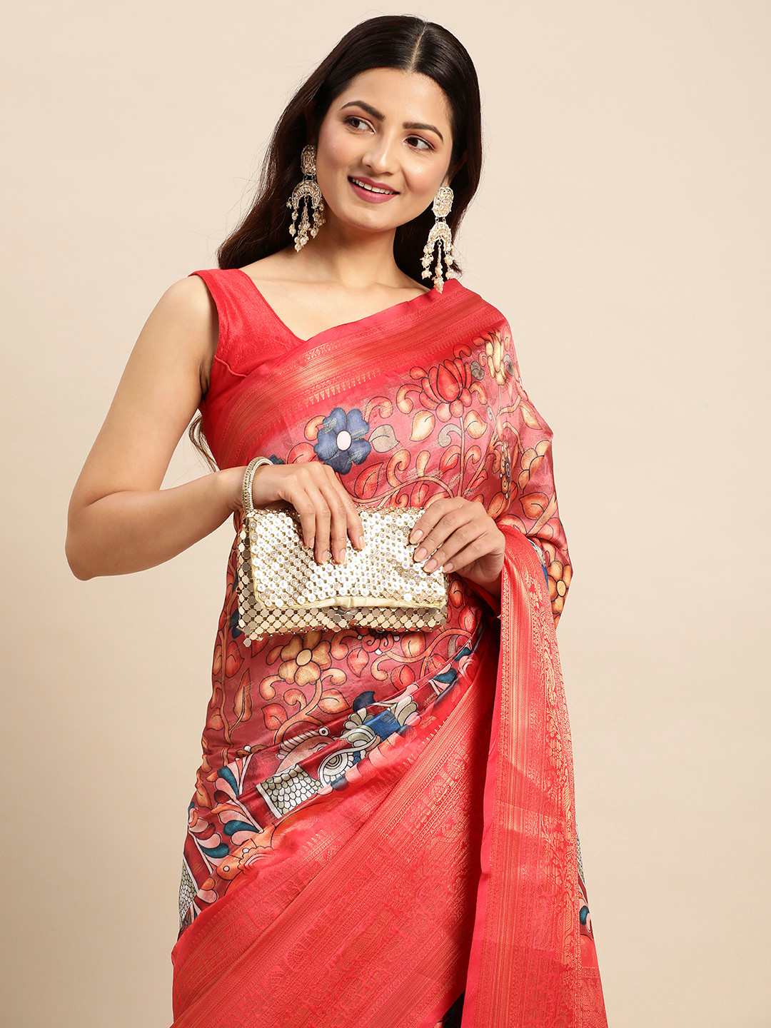 

VASTRANAND Kalamkari Block Print Zari Silk Blend Banarasi Saree, Red