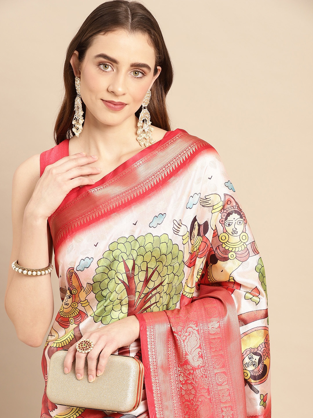 

VASTRANAND Kalamkari Block Print Zari Silk Blend Banarasi Saree, Off white